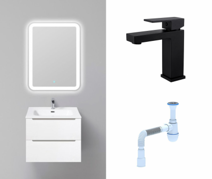 Комплект: Мебель для ванной BelBagno Etna 60 bianco lucido + Смеситель Haiba HB10803-7 черный + Сифон АниПласт