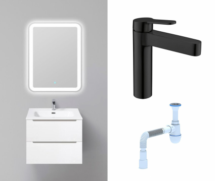 Комплект: Мебель для ванной BelBagno Etna 60 bianco lucido + Смеситель BelBagno Delta DEL-LVM-NERO черный + Сифон АниПласт