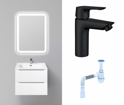 Комплект: Мебель для ванной BelBagno Etna 60 bianco lucido + Смеситель Aquanet Static AF330-10B черный + Сифон АниПласт