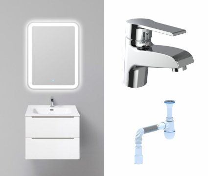 Комплект: Мебель для ванной BelBagno Etna 60 bianco lucido + Смеситель Agger Right A2902100 хром + Сифон АниПласт