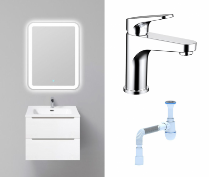 Комплект: Мебель для ванной BelBagno Etna 60 bianco lucido + Смеситель Bravat Eler F1191238CP-RUS хром + Сифон АниПласт