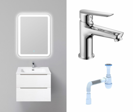 Комплект: Мебель для ванной BelBagno Etna 60 bianco lucido + Смеситель Haiba HB10198 хром + Сифон АниПласт