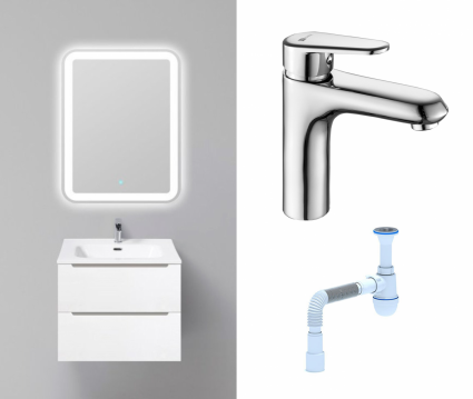 Комплект: Мебель для ванной BelBagno Etna 60 bianco lucido + Смеситель Lemark Point LM0306C хром + Сифон АниПласт