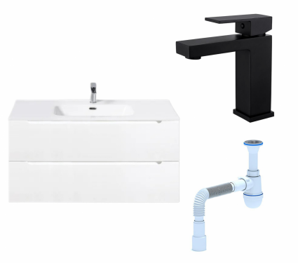 Комплект: Тумба с раковиной BelBagno Etna 100 bianco lucido + Смеситель Haiba HB10803-7 черный + Сифон АниПласт