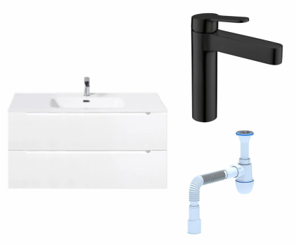 Комплект: Тумба с раковиной BelBagno Etna 100 bianco lucido + Смеситель BelBagno Delta DEL-LVM-NERO черный + Сифон АниПласт