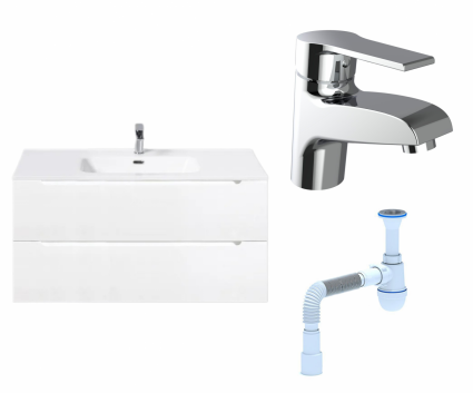 Комплект: Тумба с раковиной BelBagno Etna 100 bianco lucido + Смеситель Agger Right A2902100 хром + Сифон АниПласт