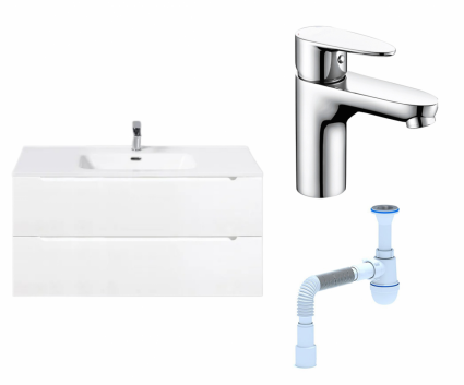 Комплект: Тумба с раковиной BelBagno Etna 100 bianco lucido + Смеситель Wasserkraft Leine 3503 хром + Сифон АниПласт