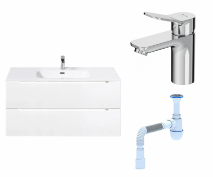 Комплект: Тумба с раковиной BelBagno Etna 100 bianco lucido + Смеситель Am.Pm X-Joy F85A02100 хром + Сифон АниПласт