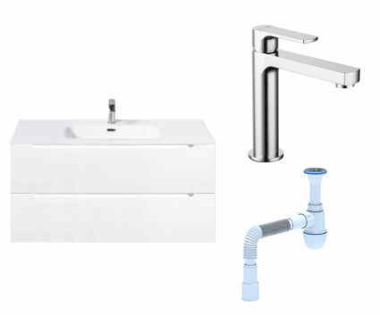 Комплект: Тумба с раковиной BelBagno Etna 100 bianco lucido + Смеситель Lemark plus Grace LM1537C хром + Сифон АниПласт