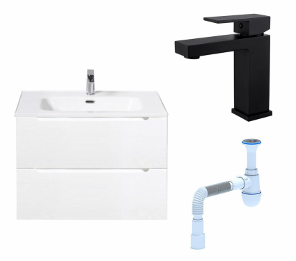 Комплект: Тумба с раковиной BelBagno Etna 39 70 bianco lucido + Смеситель Haiba HB10803-7 черный + Сифон АниПласт