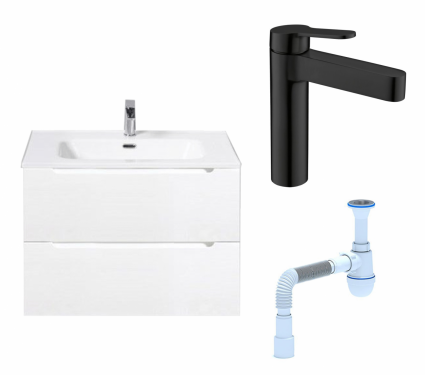 Комплект: Тумба с раковиной BelBagno Etna 39 70 bianco lucido + Смеситель elBagno Delta DEL-LVM-NERO черный + Сифон АниПласт