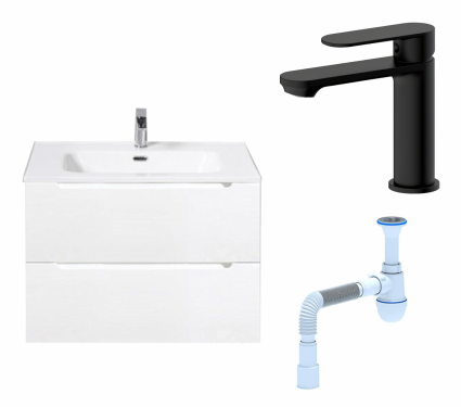 Комплект: Тумба с раковиной BelBagno Etna 39 70 bianco lucido + Смеситель Haiba HB10590-7 черный + Сифон АниПласт