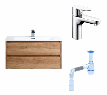 Комплект: Тумба с раковиной BelBagno Kraft 39 80 rovere nebrasca nature + Смеситель Wasserkraft Leine 3503 Хром + Сифон АниПласт