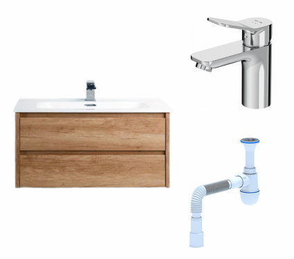 Комплект: Тумба с раковиной BelBagno Kraft 39 80 rovere nebrasca nature + Смеситель Am.Pm X-Joy F85A02100 Хром + Сифон АниПласт
