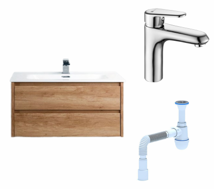 Комплект: Тумба с раковиной BelBagno Kraft 39 80 rovere nebrasca nature + Смеситель Lemark Point LM0306C Хром + Сифон АниПласт