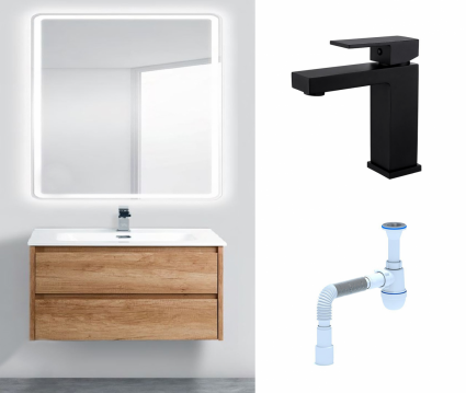 Комплект: Мебель для ванной BelBagno Kraft 39 80 rovere nebrasca nature + Смеситель Haiba HB10803-7 черный + Сифон АниПласт