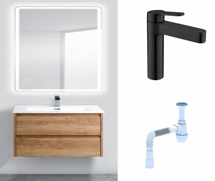 Комплект: Мебель для ванной BelBagno Kraft 39 80 rovere nebrasca nature + Смеситель  BelBagno Delta DEL-LVM-NERO черный + Сифон АниПласт