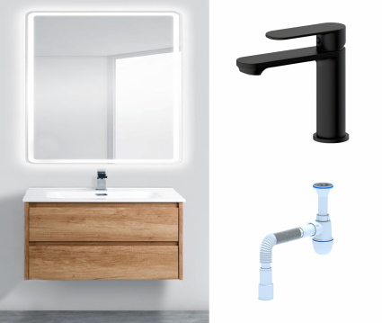 Комплект: Мебель для ванной BelBagno Kraft 39 80 rovere nebrasca nature + Смеситель  Haiba HB10590-7 черный + Сифон АниПласт