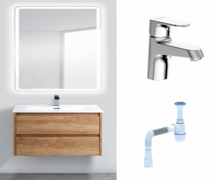 Комплект: Мебель для ванной BelBagno Kraft 39 80 rovere nebrasca nature + Смеситель Bravat Alfa F1120178CP Хром + Сифон АниПласт