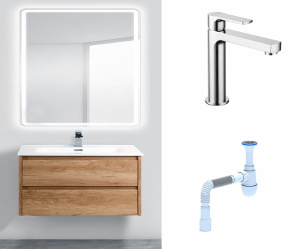 Комплект: Мебель для ванной BelBagno Kraft 39 80 rovere nebrasca nature + Смеситель Lemark plus Grace LM1537C Хром + Сифон АниПласт