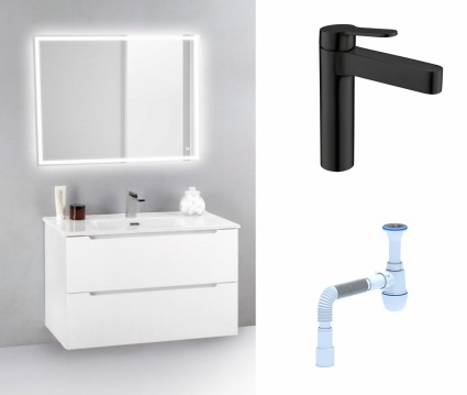 Комплект: Мебель для ванной BelBagno Etna 39 70 bianco lucido + Смеситель BelBagno Delta DEL-LVM-NERO черный + Сифон АниПласт