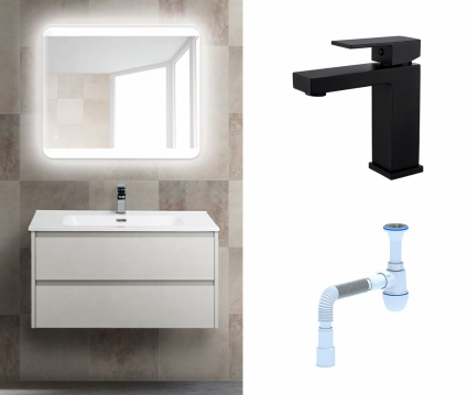 Комплект: Мебель для ванной BelBagno Kraft 39 80 bianco opaco + Смеситель Haiba HB10803-7 черный + Сифон АниПласт