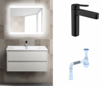 Комплект: Мебель для ванной BelBagno Kraft 39 80 bianco opaco + Смеситель  BelBagno Delta DEL-LVM-NERO черный + Сифон АниПласт