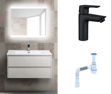 Комплект: Мебель для ванной BelBagno Kraft 39 80 bianco opaco + Смеситель Aquanet Static AF330-10B черный + Сифон АниПласт