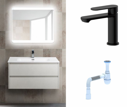 Комплект: Мебель для ванной BelBagno Kraft 39 80 bianco opaco + Смеситель  Haiba HB10590-7 черный + Сифон АниПласт