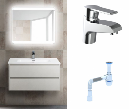 Комплект: Мебель для ванной BelBagno Kraft 39 80 bianco opaco + Смеситель Agger Right A2902100 Хром + Сифон АниПласт