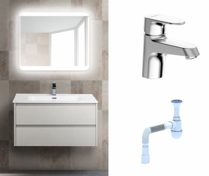 Комплект: Мебель для ванной BelBagno Kraft 39 80 bianco opaco + Смеситель Bravat Alfa F1120178CP Хром + Сифон АниПласт