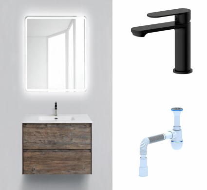 Комплект: Мебель для ванной BelBagno Kraft 39 70 pino pasadena + Смеситель Haiba HB10590-7 черный + Сифон АниПласт