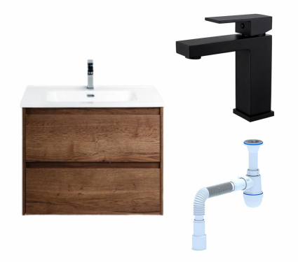 Комплект: Тумба с раковиной BelBagno Kraft 39 50 rovere tabacco + Смеситель Haiba HB10803-7 черный + Сифон АниПласт