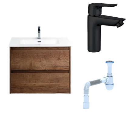 Комплект: Тумба с раковиной BelBagno Kraft 39 50 rovere tabacco + Смеситель Aquanet Static AF330-10B черный + Сифон АниПласт