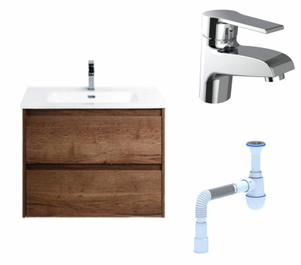 Комплект: Тумба с раковиной BelBagno Kraft 39 50 rovere tabacco +  Смеситель Agger Right A2902100 Хром + Сифон АниПласт
