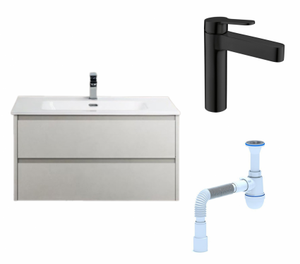 Комплект: Тумба с раковиной BelBagno Kraft 39 80 bianco opaco + Смеситель для раковины BelBagno Delta DEL-LVM-NERO черный + Сифон АниПласт