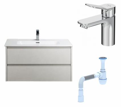Комплект: Тумба с раковиной BelBagno Kraft 39 80 bianco opaco + Смеситель Am.Pm X-Joy F85A02100 Хром + Сифон АниПласт