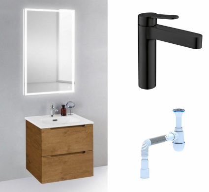 Комплект: Мебель для ванной BelBagno Etna 39 50 rovere nature + Смеситель BelBagno Delta DEL-LVM-NERO черный + Сифон АниПласт