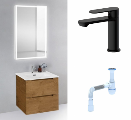 Комплект: Мебель для ванной BelBagno Etna 39 50 rovere nature + Смеситель  Haiba HB10590-7 черный + Сифон АниПласт