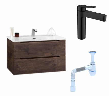 Комплект: Тумба с раковиной BelBagno Etna 39 70 rovere moro + Смеситель  BelBagno Delta DEL-LVM-NERO черный + Сифон АниПласт