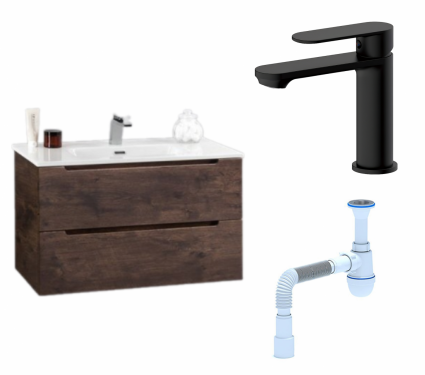 Комплект: Тумба с раковиной BelBagno Etna 39 70 rovere moro + Смеситель Haiba HB10590-7 черный + Сифон АниПласт
