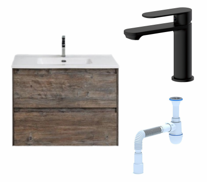 Комплект: Тумба с раковиной BelBagno Kraft 39 70 pino pasadena + Смеситель Haiba HB10590-7 черный + Сифон АниПласт