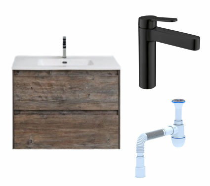 Комплект: Тумба с раковиной BelBagno Kraft 39 50 pino pasadena + Смеситель BelBagno Delta DEL-LVM-NERO черный + Сифон АниПласт