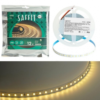 Светодиодная лента Saffit 9,6W/m 120LED/m 2835SMD теплый белый 5М SST02 55240, цвет белый, мощность 48 Вт