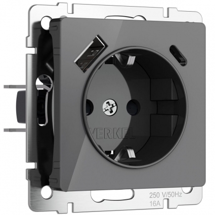 Розетка с заземлением, шторками и USB тип A+C Werkel графит акрил W1171744 4690389197536, в современном стиле, цвет графит