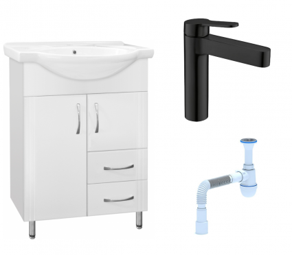 Комплект: Тумба с раковиной Style Line Эко Стандарт №10/2 60 + Смеситель BelBagno Delta DEL-LVM-NERO + Сифон АниПласт