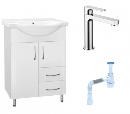 Комплект: Тумба с раковиной Style Line Эко Стандарт №10/2 60 + Смеситель Lemark plus Grace LM1537C + Сифон АниПласт