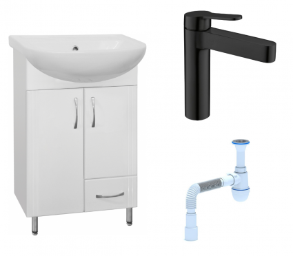 Комплект: Тумба с раковиной Style Line Эко Стандарт №10 50 + Смеситель BelBagno Delta DEL-LVM-NERO + Сифон АниПласт