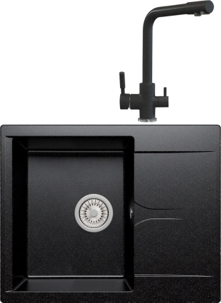 Комплект Мойка кухонная Polygran Gals 620 черная + Смеситель Высокий Дуо 627505 черный матовая, прямоугольная
