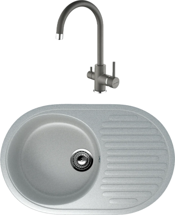 Комплект Мойка кухонная Ulgran U-107 -310 серая + Смеситель Paulmark Essen Es213211-402 серый металлик матовая, овальная